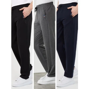 Erkek 3'lü Eşofman Altı Fermuar Cep Nakış Detaylı Düz Paça Rahar Kesim