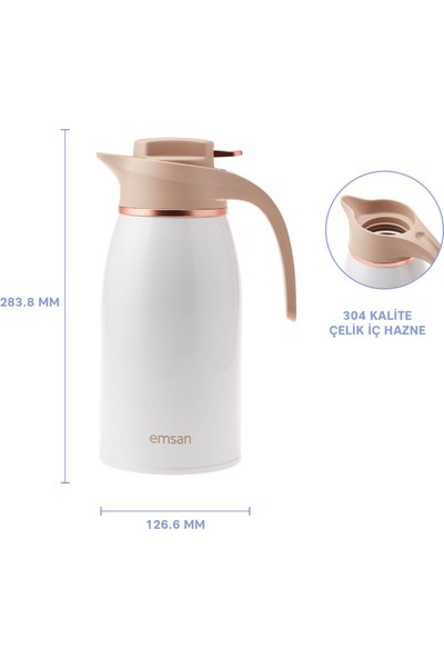 Emsan Gama 12 Saat Sıcak ve Soğuk Tutan Çelik Termos 2 Litre Beyaz