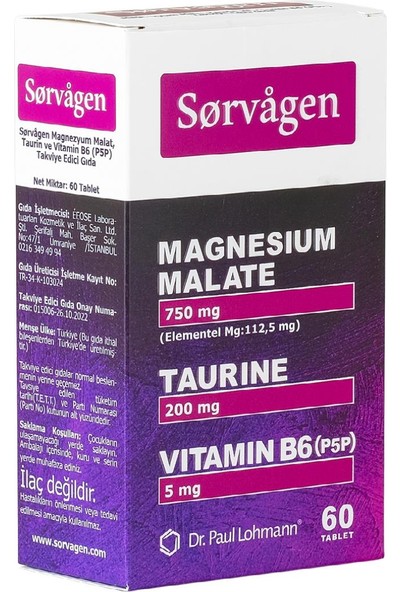 Sorvagen Magnezyum Malat, Taurin ve Vitamin B6 (P5P) 60 Tablet