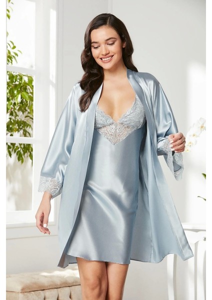 Saten Dantelli Gecelik ve Sabahlık Takımı - 4280 Mist