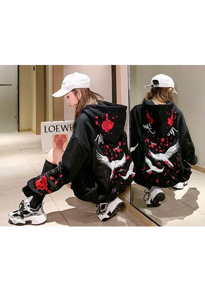Özel Tasarım Kapüşonlu Red Rose Baskılı Kapüşonlu Tam Fermuarlı 3 Iplik Kışlık Oversize Kadın Sweatshirt