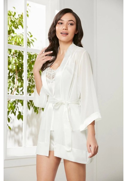 3'lü Saten Dantelli Şort ve Şifon Dantelli Sabahlık Takımı - 2475 Ekru fiyatları