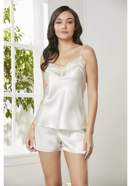 3'lü Saten Dantelli Şort ve Şifon Dantelli Sabahlık Takımı - 2475 Ekru fırsatları