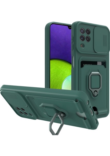 Samsung Galaxy A12 Kılıf Ipli Lens Sürgülü Yüzüklü Kartvizitli Silikon Zuma