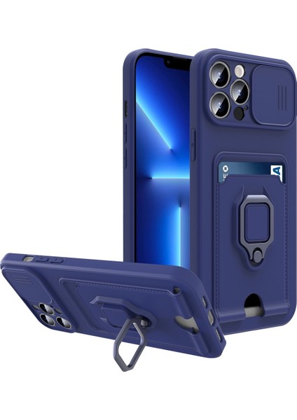 iPhone 14 Pro Kılıf Ipli Lens Sürgülü Yüzüklü Kartvizitli Silikon Zuma
