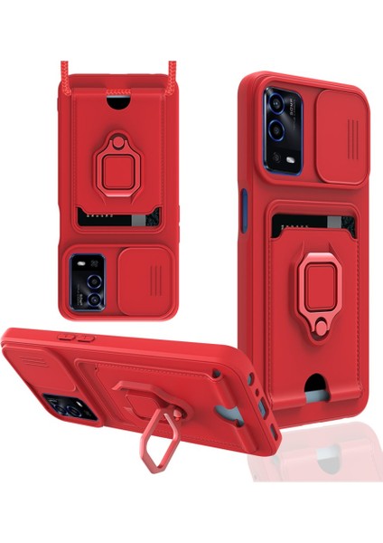 Oppo A55 Kılıf Ipli Lens Sürgülü Yüzüklü Kartvizitli Silikon Zuma