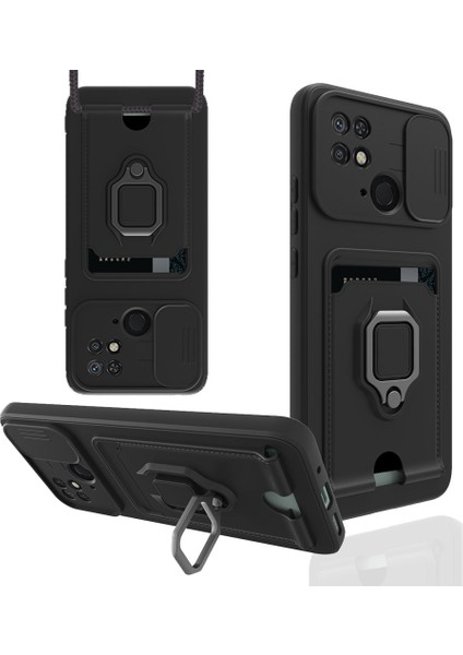 Xiaomi Poco C40 Kılıf Ipli Lens Sürgülü Yüzüklü Kartvizitli Silikon Zuma