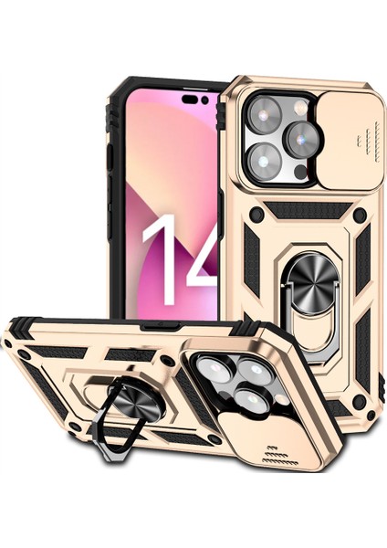 iPhone 14 Pro Kılıf Lens Sürgülü Yüzüklü Tank Silikon Pars