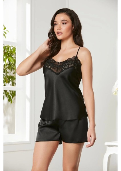 3'lü Saten Dantelli Şort ve Şifon Dantelli Sabahlık Takımı - 2475 Siyah fırsatları