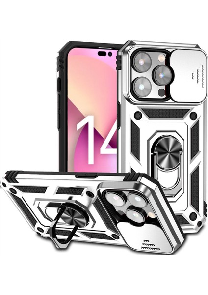 iPhone 14 Pro Kılıf Lens Sürgülü Yüzüklü Tank Silikon Pars