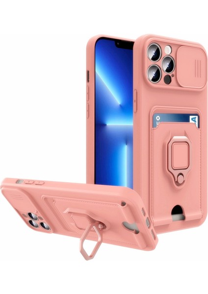 iPhone 14 Pro Kılıf Ipli Lens Sürgülü Yüzüklü Kartvizitli Silikon Zuma