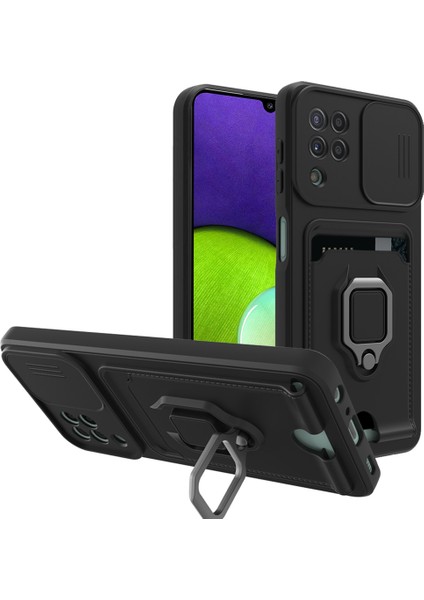 Samsung Galaxy A12 Kılıf Ipli Lens Sürgülü Yüzüklü Kartvizitli Silikon Zuma
