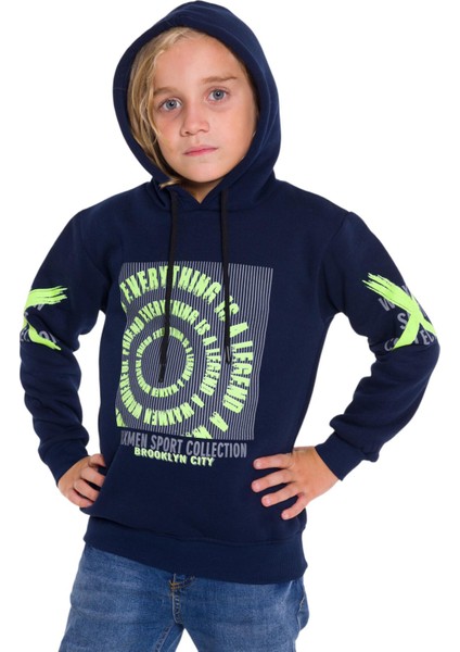 Erkek Çocuk Everythink Yazı Desenli Üç Iplik Şardonlu Kapüşonlu Sweatshirt