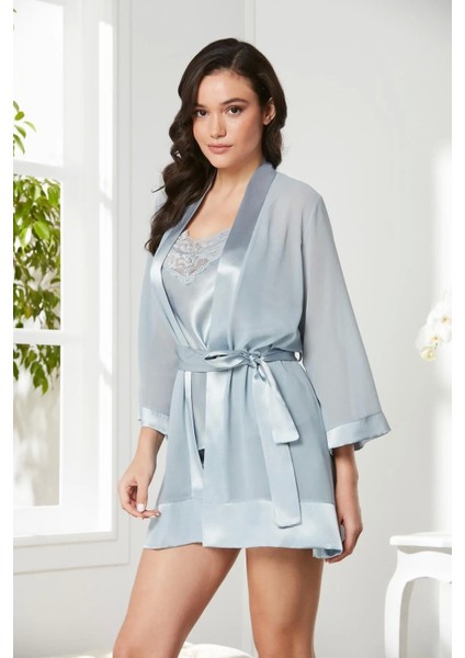 3'lü Saten Dantelli Şort ve Şifon Dantelli Sabahlık Takımı - 2475 Mist