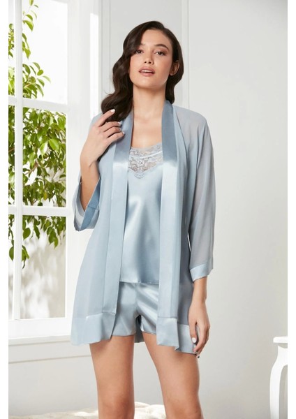 3'lü Saten Dantelli Şort ve Şifon Dantelli Sabahlık Takımı - 2475 Mist fiyatları