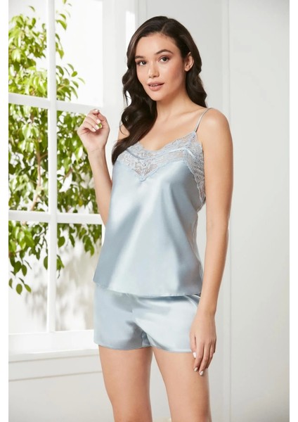 3'lü Saten Dantelli Şort ve Şifon Dantelli Sabahlık Takımı - 2475 Mist fırsatları