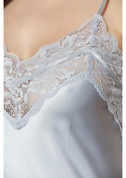 3'lü Saten Dantelli Şort ve Şifon Dantelli Sabahlık Takımı - 2475 Mist indirimleri