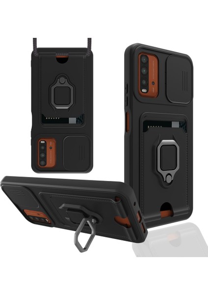 Xiaomi Poco M3 Kılıf Ipli Lens Sürgülü Yüzüklü Kartvizitli Silikon Zuma