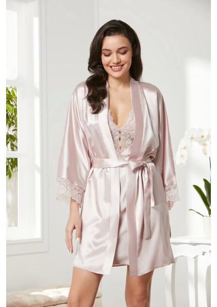 Saten Dantelli Gecelik ve Sabahlık Takımı - 4280 Pudra fiyatları