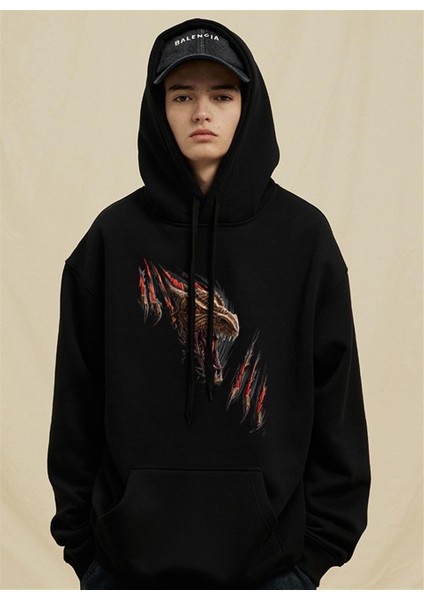 Predator Dragon Siyah Kapüşonlu Oversize Sweatshirt Hoodie