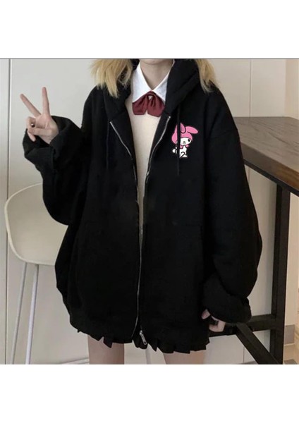 Melody Baskılı Oversize Fermuarlı Siyah Kapüşonlu Hırka fiyatları