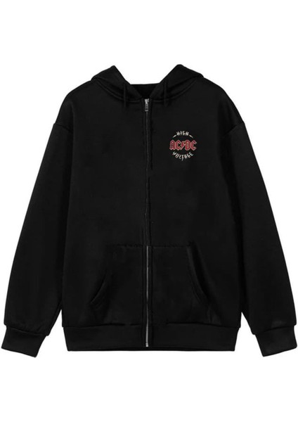 Ac-Dc Baskılı Oversize Fermuarlı Siyah Kapüşonlu Hırka