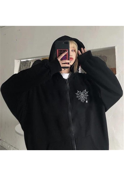 Spider Web Heart Baskılı Oversize Fermuarlı Siyah Kapüşonlu Hırka fiyatları