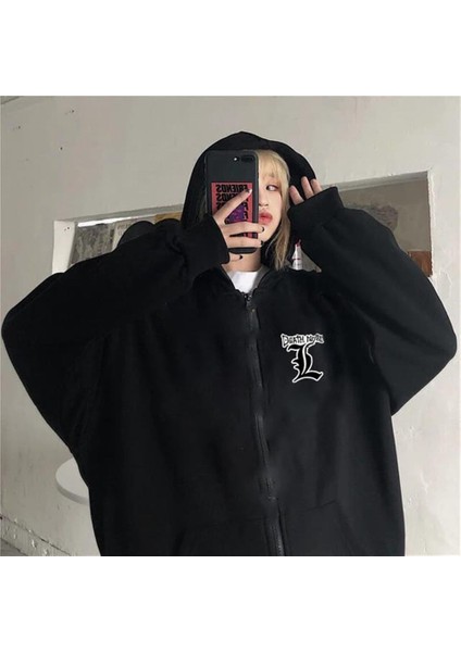 Death Note Oversize Fermuarlı Siyah Unisex Kapüşonlu Hırka