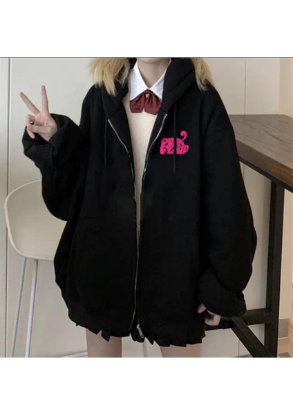 Pink Floyd Baskılı Oversize Fermuarlı Siyah Kapüşonlu Hırka