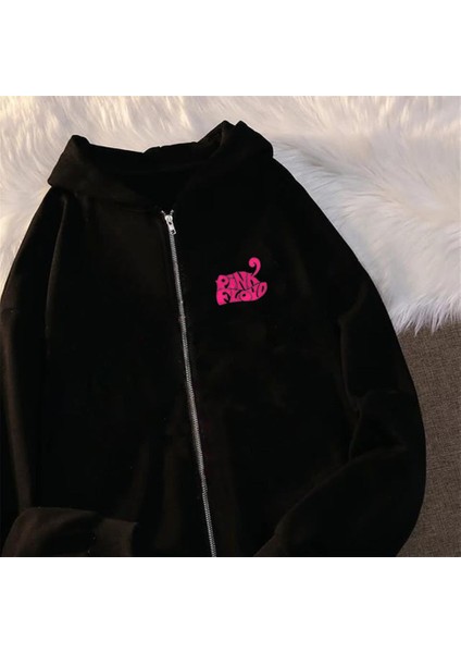 Pink Floyd Baskılı Oversize Fermuarlı Siyah Kapüşonlu Hırka fiyatları