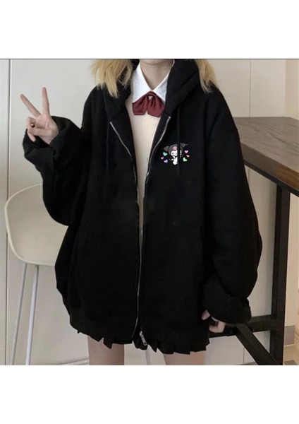 Kuromi Baskı Oversize Fermuarlı Siyah Kapüşonlu Hırka