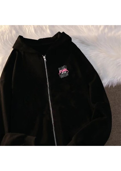 Black Pink Baskılı Oversize Fermuarlı Siyah Kapüşonlu Hırka