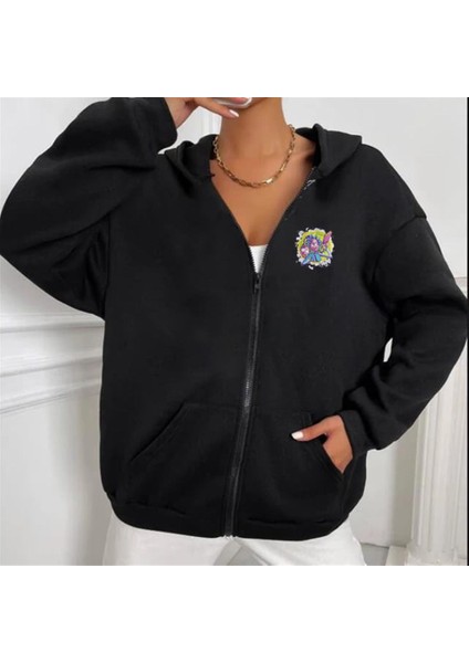 R&m Baskılı Oversize Fermuarlı Siyah Unisex Kapüşonlu Hırka