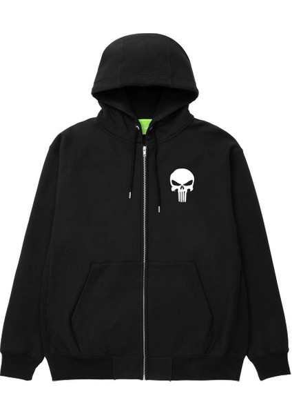 Punisher Baskılı Oversize Fermuarlı Siyah Kapüşonlu Hırka