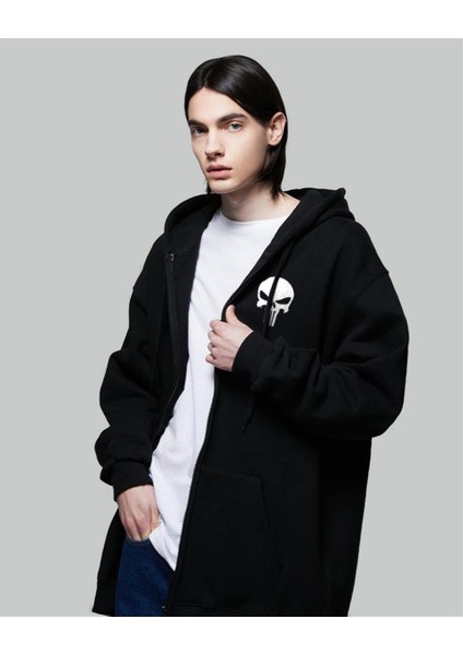 Punisher Baskılı Oversize Fermuarlı Siyah Kapüşonlu Hırka fiyatları