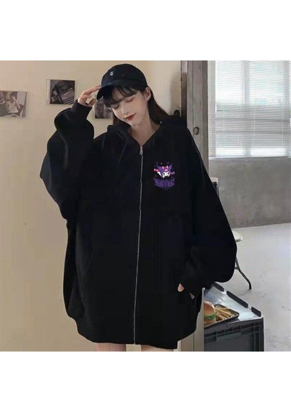 Kuromi Baskılı Oversize Fermuarlı Siyah Unisex Kapüşonlu Hırka