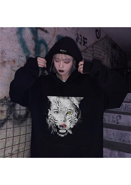 Tiger Girl Siyah Unisex Kapüşonlu Oversize Sweatshirt Hoodie