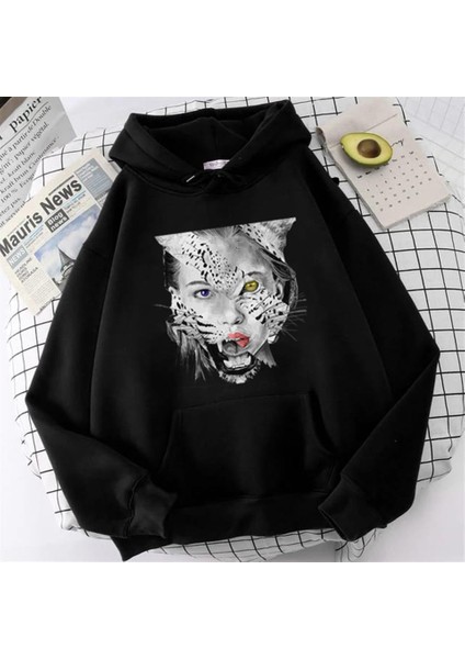 Tiger Girl Siyah Unisex Kapüşonlu Oversize Sweatshirt Hoodie