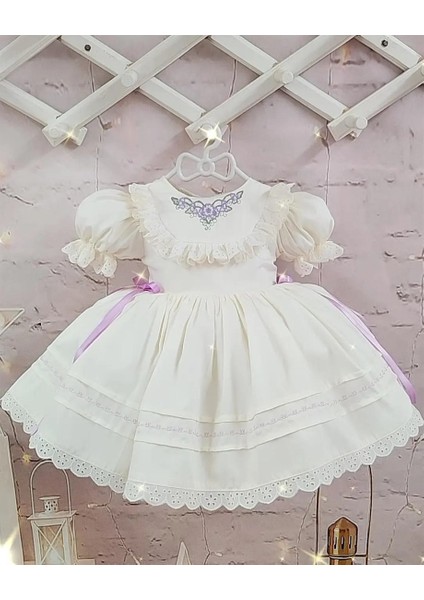 Krem Lila Kurdaleli Vintage Kız Bebek Elbisesi, Özel Dikim 0-7 Yaşa Uygun