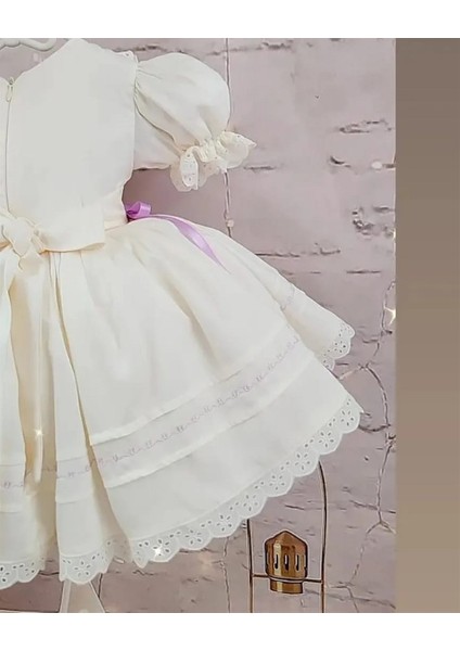 Krem Lila Kurdaleli Vintage Kız Bebek Elbisesi, Özel Dikim 0-7 Yaşa Uygun