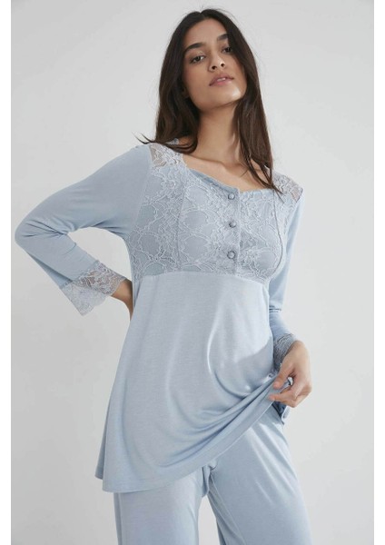 Kadın Penye Dantelli Pijama Takımı 1241 Mist