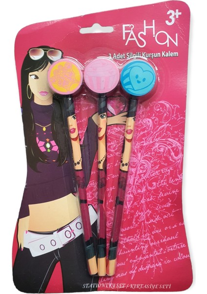 Renkli Desenli Silgili Kurşun Kalem Seti 3'lü Paket