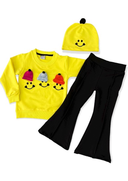 Kız Çocuk Emoji Smile Bereli Pamuk 2 Ip Likralı Ispanyol Paça Pantalonlu Sweatshirt 3'lü Takım