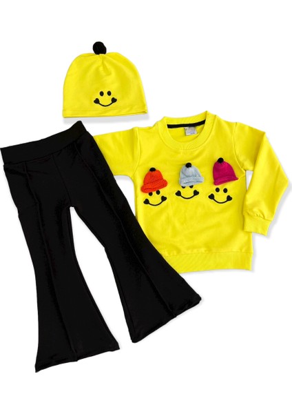 Kız Çocuk Emoji Smile Bereli Pamuk 2 Ip Likralı Ispanyol Paça Pantalonlu Sweatshirt 3'lü Takım