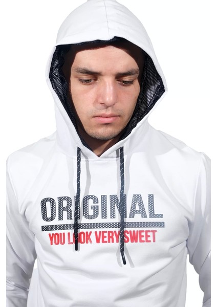 Erkek Orıgınal Beyaz Kapüşonlu SWEATSHIRT-209