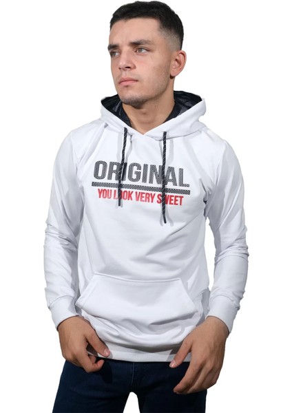 Erkek Orıgınal Beyaz Kapüşonlu SWEATSHIRT-209