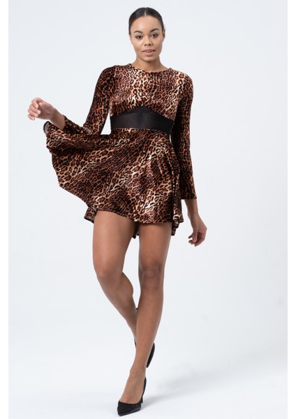 Üçgen Etekli File Detaylı Kadife Leopar Desenli Kadın Mini Elbise, Tasarım, Hediye, Büyük Beden