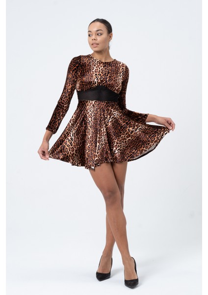 Üçgen Etekli File Detaylı Kadife Leopar Desenli Kadın Mini Elbise, Tasarım, Hediye, Büyük Beden modelleri