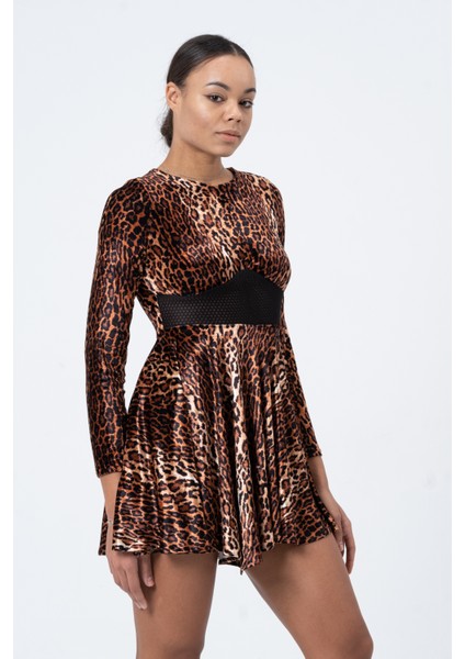Üçgen Etekli File Detaylı Kadife Leopar Desenli Kadın Mini Elbise, Tasarım, Hediye, Büyük Beden indirimleri