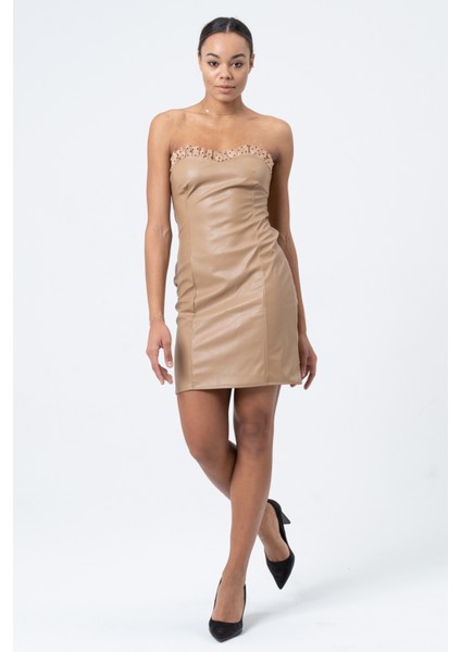 Göğüs Fırfır Detaylı Straplez Mini Sütlü Kahve Deri Dar Elbise,tasarım,hediye,büyük Beden